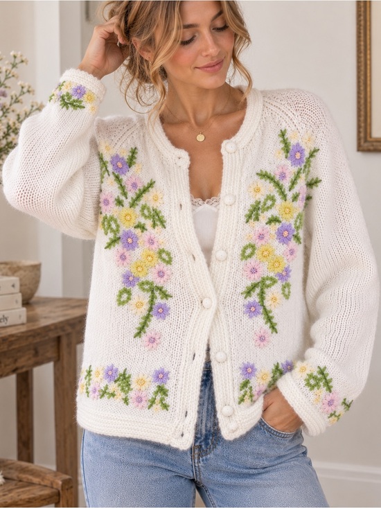 Sweaters - Vintage White Floral Embroidered Knit Cardigan Cottagecore Sweater M